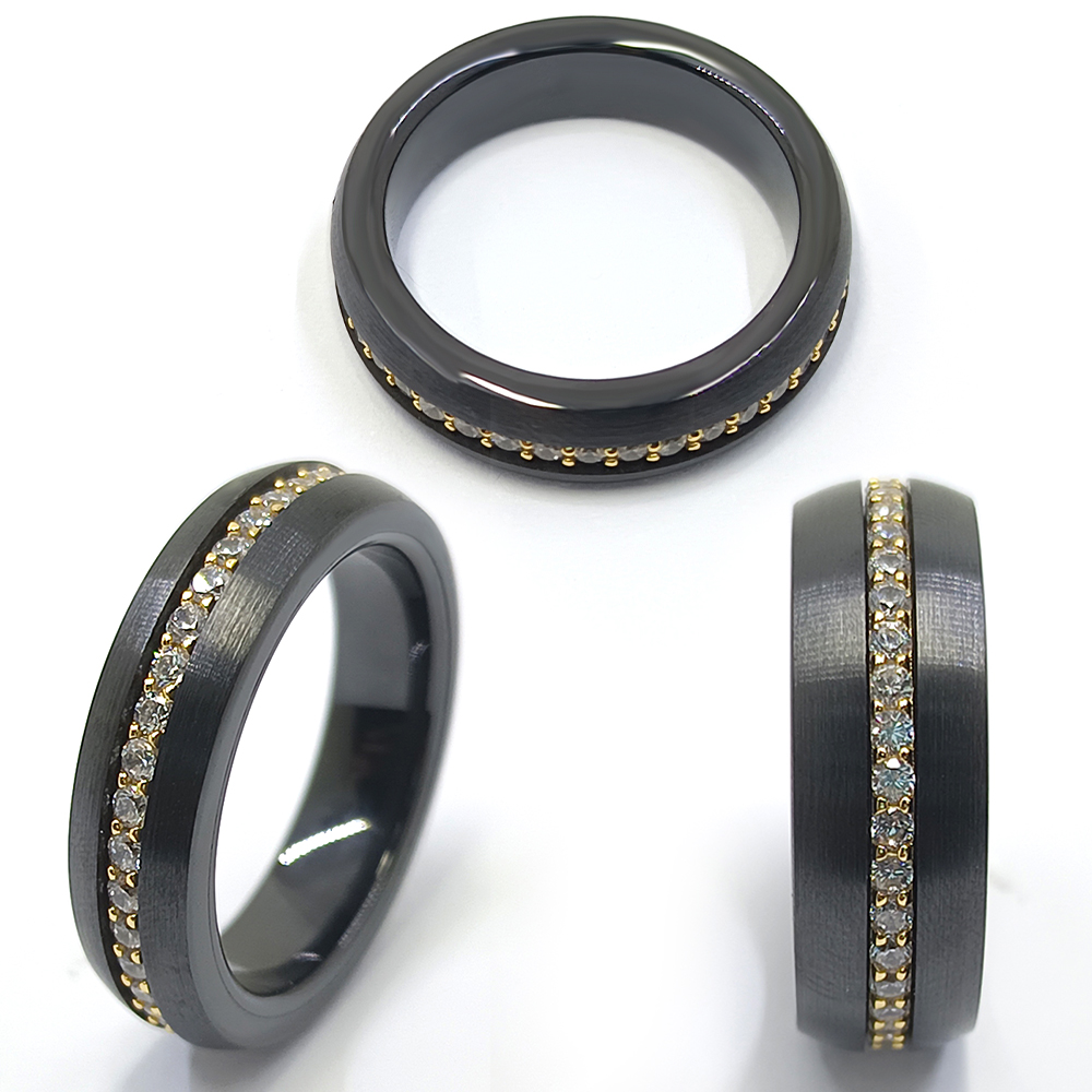 Truegold Schwarzer Keramikring mit Cz und Vergoldung Silber