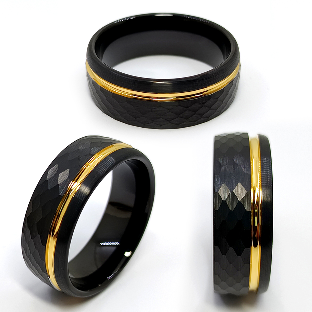 Truegold Baummuster Gold gerillte Kuppel Wolfram Ring